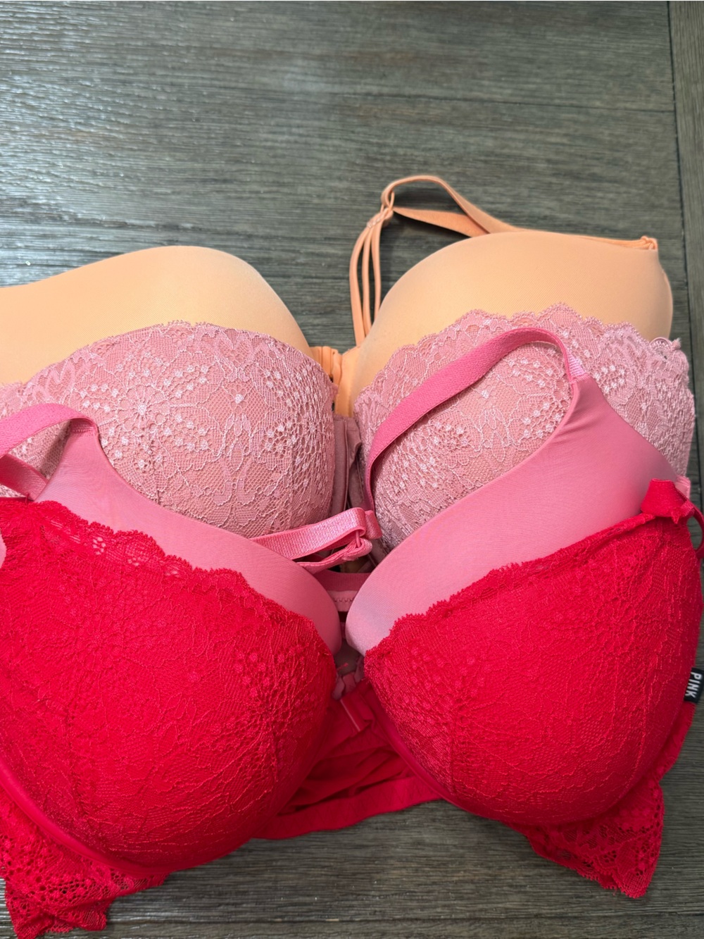 PINK Victoria's Secret Lace Push-Up Bra Set - Red, Pink, Peach